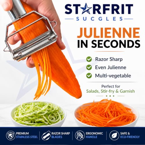 Image of STARFRIT SUCGLES 3-in-1 Stainless Steel Vegetable Peeler, Julienne Slicer & Fruit Peeler, Ultra Sharp Kitchen Cutter and Shredder for Potato, Carrot, Cucumber & Vegetables