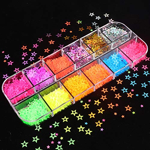 Nail Art Decals 12 Colors Fluorescent Star Style Nail Glitter Sequins 3D Nails Art Stickers Manicure Fluorescent Style Sequins Decoration Decals Supplies, Nail Art Flake Acrylic for Women