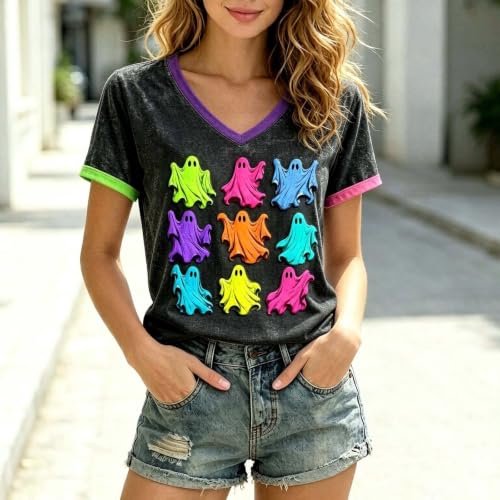 Halloween Shirts for Women Leopard Boo Ghost Short Sleeve V Neck Tshirt - image 6