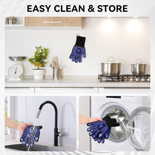 Image of BBQ & Grill Gloves, Oven Gloves, 1472F Silicone Oven Mitts Heat Resistant Grilling Gloves Fireproof Non-Slip for Barbecue Cooking Baking Smoking, 1-Pair (Blue, Medium)