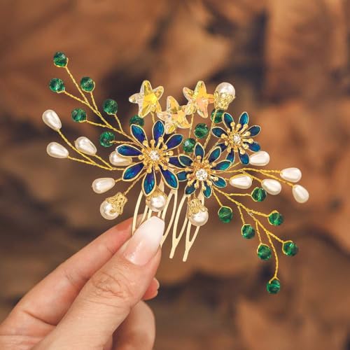 IYOU Baroque Mariage Peigne à cheveux Fleur Vert Mariée Pièce de Tête étoilé Perle Peignes Latéraux de Mariage Invités Demoiselle D'honneur Accessoires...