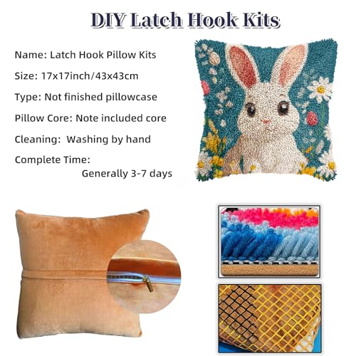 Image of Latch Hook Pillow Kits Cartoon Easter Rabbit in Flowers Stamped Pillowcase Handamade Crochet Yarn Hook and Latch Emboridery Throw Pillow Cover for Home Sofa Decor 43x43cm(3)