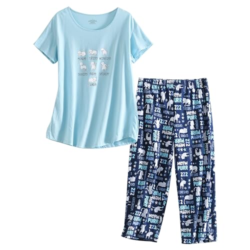 Image of PNAEONG Women Pajama Set Sleepwear Tops with Capri Pants Casual and Fun Prints Pajama Sets