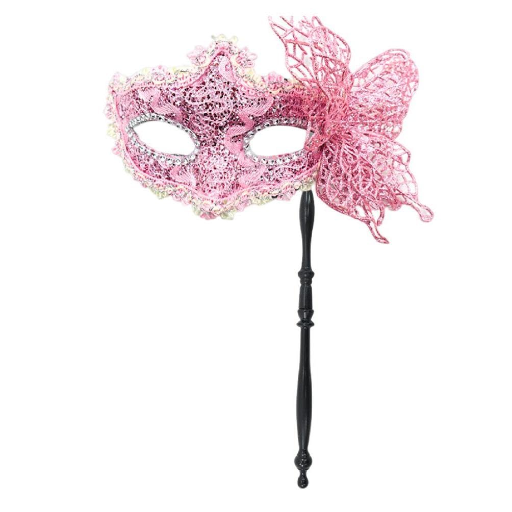 Myazs Unisex Pink Masquerade Mask For Women Half Face Mask With Holding Stick Butterfly Mask Mardi Gras Mask Evening Mask Halloween Mask Masquerade Mask With Holding Stick Halloween Party Mask Butterfly Mask