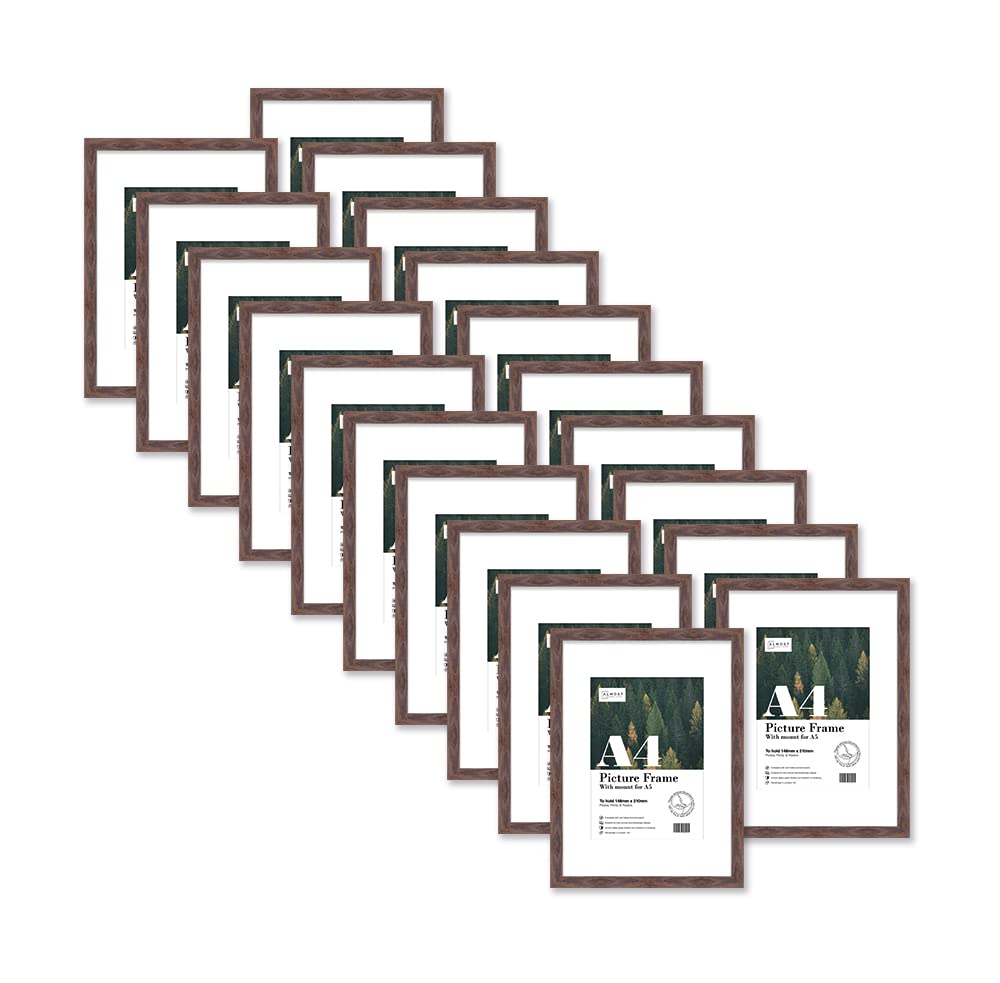 Almost Frameless A4 Walnut Picture Frame Set of 20, Display A5 Pictures with Mount or A5 Without Mount Gallery Wall, Poster, Photo, Artwork, or Print, Walnut