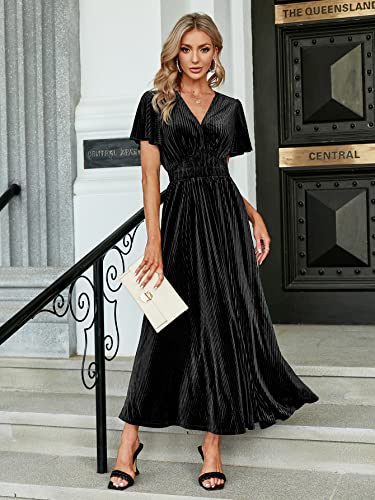 Image of Simplee Women's V Neck Velvet Maxi Dress Short Sleeve Empire Waist Long Formal Dress for Wedding Guest