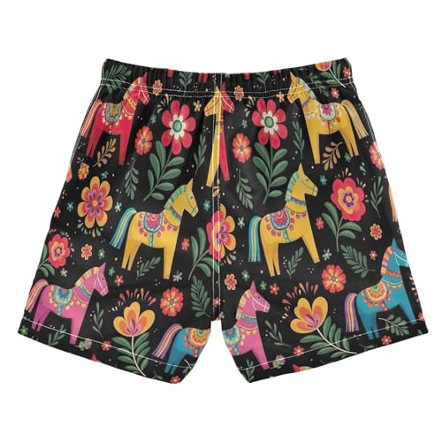 Swim Shorts for Boys, Toddler Trunks 2t, Colorful Folk Art Horses Vibrant Floral2