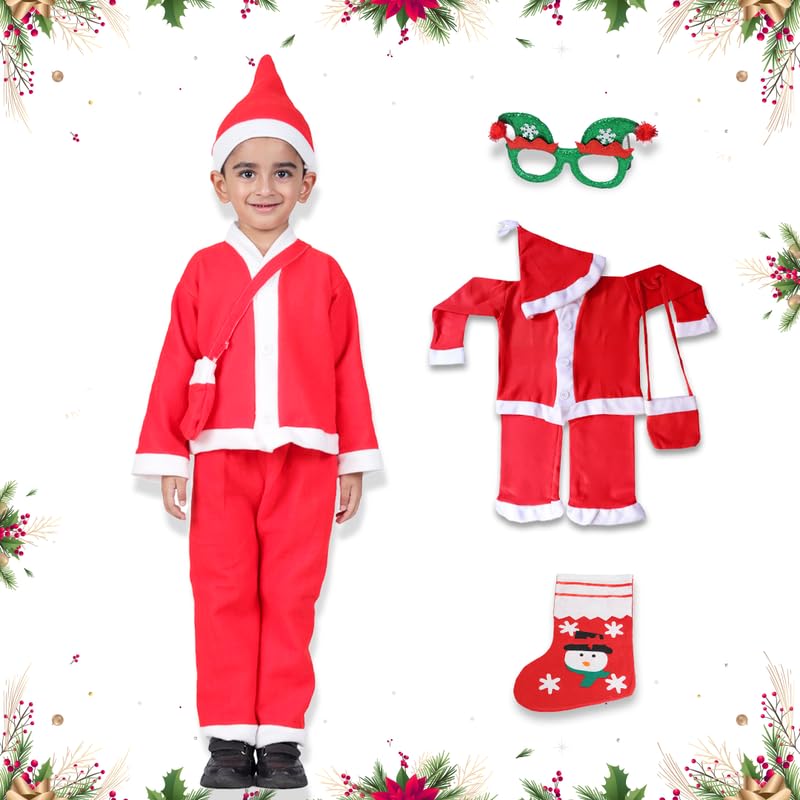 Image of ITSMITSMYCOSTUME Santa Claus Dress for Christmas Costume Complete Set for Kids /Girls /Boys (Jacket,Pant,Hat,Pouch,Specs,Socks,Belt)-Red & White Fancy Dress (No Gloves)