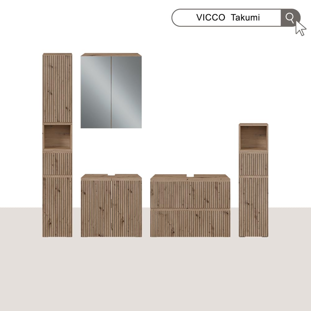 Vicco Meuble sous Vasque Simple Takumi, Artisan, 80x58cm avec 2 tiroirs, pour Le Rangement et l’Organisation des Accessoires de Salle de Bain