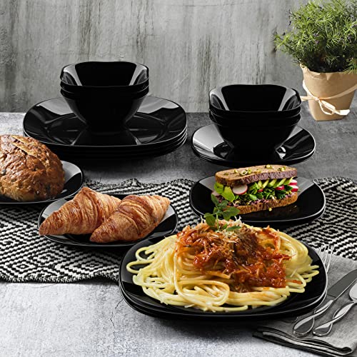 Black Dinnerware Set, Meky 18-Pcs Kitchen Dinner Set Service For 6, Safety For Microwave &Dishwasher ,Square Glass Plates,Dishes, Bowls Set #TOP5