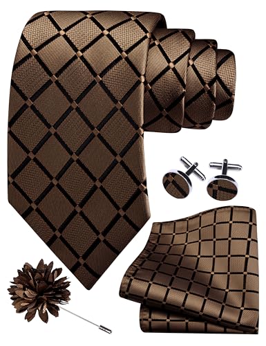 Image of GUSLESON 3.15 inch(8cm) Mens Tie and Lapel Pin Plaid Checkered Necktie Hankerchief Cufflinks Set for Men