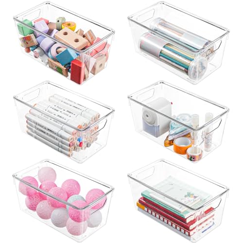 6 Pack Small Clear Storage Bins with Lids Acrylic Arts and Craft Storage Containers Stackable Clear Plastic Craft Storage Bins with Handles for Pantry Organizers and Storage Kitchen Fridge Office