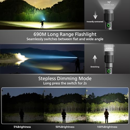Image of Philips Torch Rechargeable, 30W Torch Light High Power, 1450 Lumens Super Bright Flashlight, 690M Coverage, 2200mAh Battery, Telescopic Zoom, Aircraft Aluminum Body, LED Flash Emergency Light
