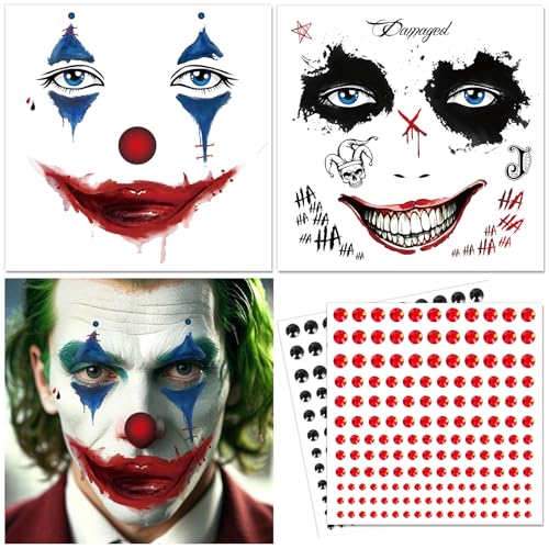 DPKOW Tatuagens de caras de Joker com pedras faciais autocolantes, Halloween tatuagens temporárias Joker acessórios para disfarces de Halloween maquilhagem para homens mulheres e crianças tatuagens