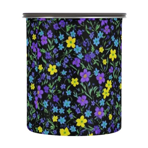 Amooorous Contenedores de almacenamiento de café con diseño de flores amarillas y moradas, de acero inoxidable, organizador de despensa, apilables, con botón pulsador para cereales