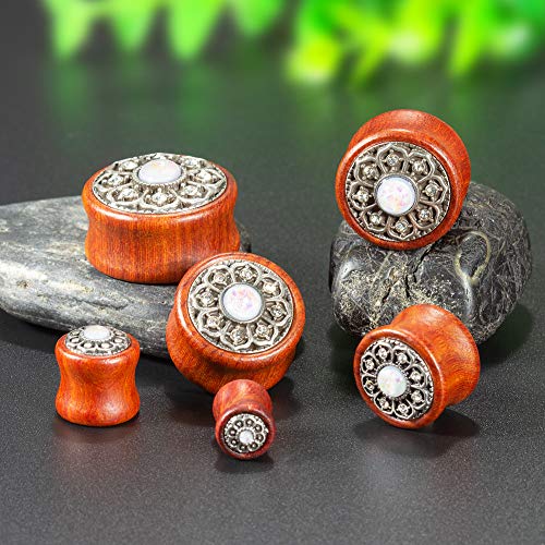 KUBOOZ(1 Pair Vintage Wood Opal Center Flower Ear Plugs Tunnels Gauges Stretcher Piercings.4
