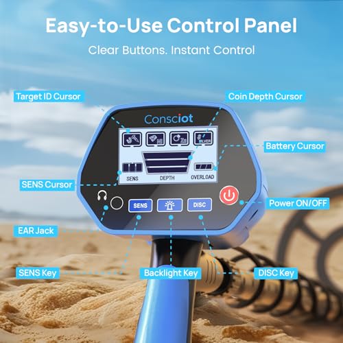Image of Metal Detector for Adults & Kids, Consciot Metal Detector Kit Waterproof IP68, Outdoor Gold Detector with 8'' Search Coil, LCD Display, Metal & Disc Mode, Beach & Backyard Use, Gift for Boys & Girls