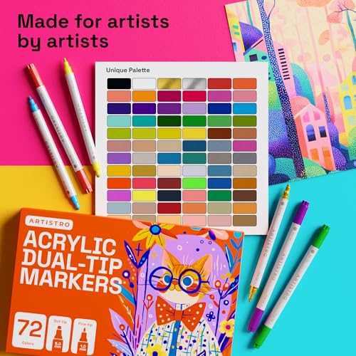 Image of ARTISTRO 72 Acrylic Paint Markers for Rock, Fabric, Wood, Glass, Eggs - Dual-Tip Paint Pens for Coloring Books for Adults, Teens, Kids - Art & Craft Supplies - Gift Idea - Easter Basket Stuffers