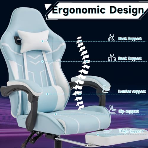 Image of Gaming Chair with Footrest for Home Office - High Back Computer Chair with Headrest and Lumber Support, Ergonomic Height Adjustable Leather Game Chairs (White+Blue)