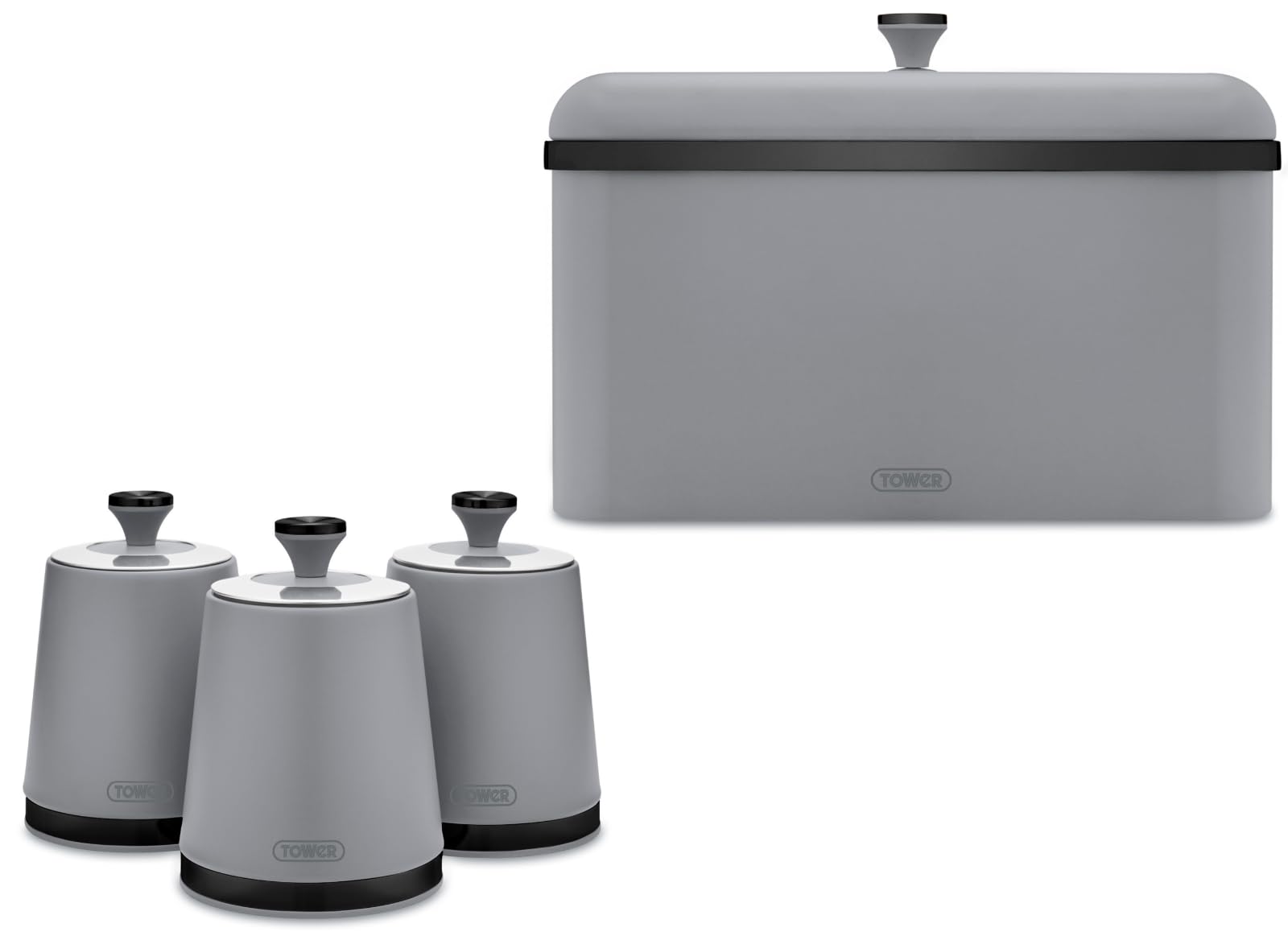 Tower Grey Sera Breadbin & Tea, Coffee, Sugar Canisters. Contemporary Matching Kitchen Storage Set In Matte Finish With Stylish Black Smoked Trim