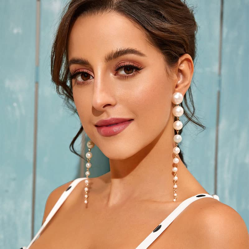 14K Gold Plated Long Pearl Earrings for Women White Pearl Drop Dangle Earring Hypoallergenic Elegant Wedding Pearl Tassel Earrings for Bridal2