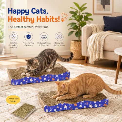 Image of Pets Empire Wave Cat Scratcher Cardboard Scratching Pad with Catnip | Reversible Corrugated Scratch Board | Protects Furniture | Durable Cat Scratcher Bed for Indoor Cats -Pack of 2