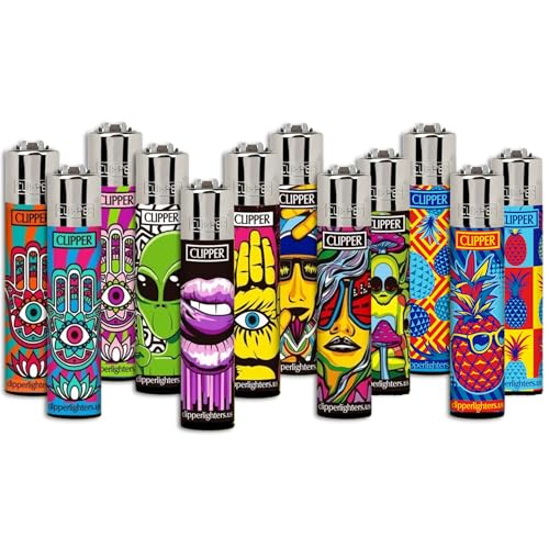 Clipper - Classic Large Reusable Lighter - Iconic Premium Refillable Lighters Bulk Pack - Replace Butane, Flint, and Spark Wheel for Unlimited Lights - 12 Pack - Assorted Designs