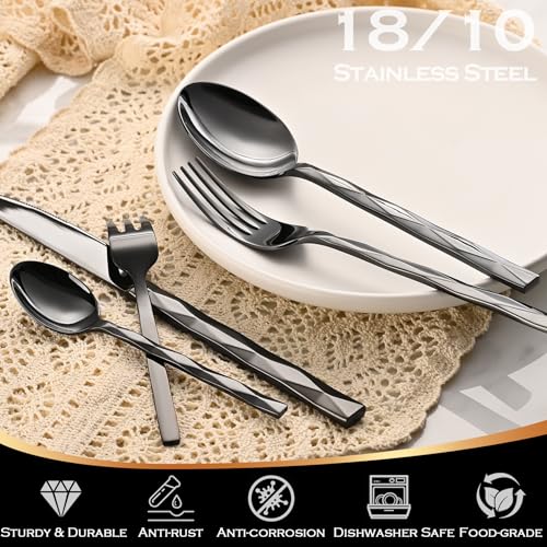 Black-Silverware-Set-Luxury-30-Piece-Flatware-Set-for-6-Cutlery-Set-Stainless-Steel-Diamond-Cut-Pattern-Home-Wedding-Party-1810-Stainless-Steel-Tablewaret-Dishwasher-Safe-Utensils Black Silverware Set Luxury 30 Piece Flatware Set for 6 Cutlery Set Stainless Steel Diamond Cut Pattern Home Wedding Party 1810 Stainless Steel Tablewaret Dishwasher Safe Utensils