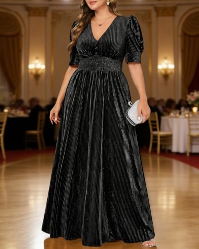 Image of Pinup Fashion Velvet Wedding Guest Dress - Fall Formal Holiday V Neck Empire Waist Long Dresses