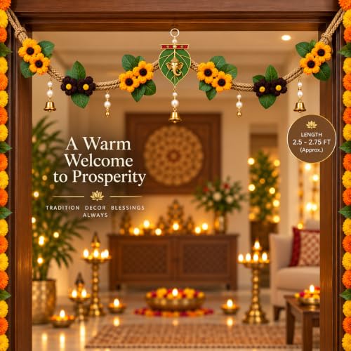 Image of Akaar Decor Artificial Marigold Door Hanging Toran | Diwali Decoration Items for Home Decor| Festive Decor| Office Decor| -(L:Approx. 2.5ft) (Crochet Bandhanwar Yellow Brown)
