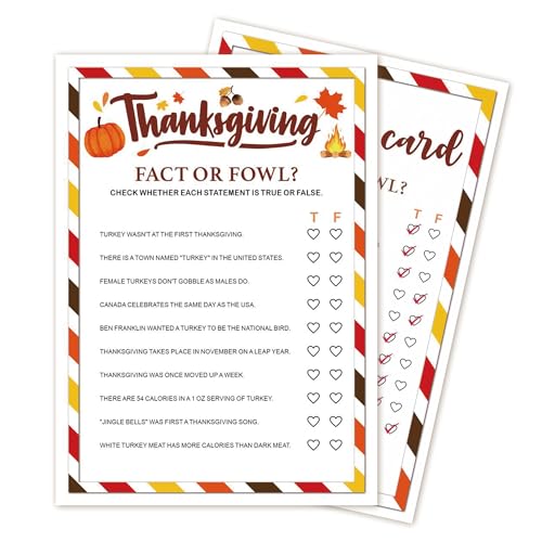 Thanksgiving Party Icebreaker Games Cards - Thanksgiving Fact or Fowl? Game Cards With Answer Card For 30 Guests, Turkey Dinner Party Activity for Teens Adults Party Favor And Supplies, 5 x 7 inches