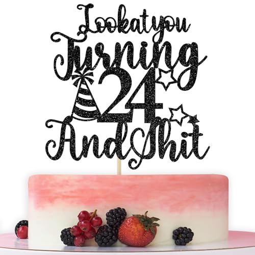Happy 24th Birthday Cake Topper, 24th Birthday Cake Decor, Cheers to 24 Years, Hello 24, Funny 24th Birthday Party Decorations, Black Glitter