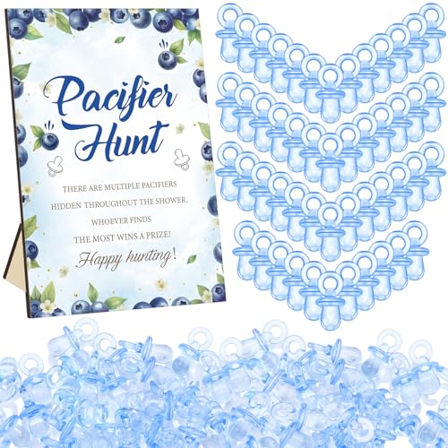 Image of Thyle 51 Pcs Blueberry Pacifier Hunt Baby Shower Games a Berry Sweet Baby is on the Way Decoration Include Blueberry Themed Hunt Sign and Acrylic Pacifiers Gift Sets for Gender Reveal Party Decor