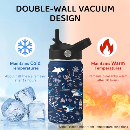 Image of Shark Water Bottle for Son & Daughter, Stainless Steel Insulated Tumbler with straw lid and handle, 12oz Reusable Leak-proof Bottle for Sports