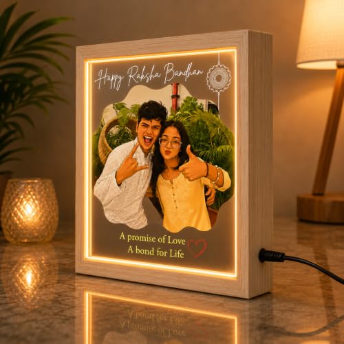 Image of Personalized Raksha Bandhan Acrylic LED Lamp with Custom Photo (Design 6) | Night Light, Brother Sister, Free Rakhi Included, Custom Photo