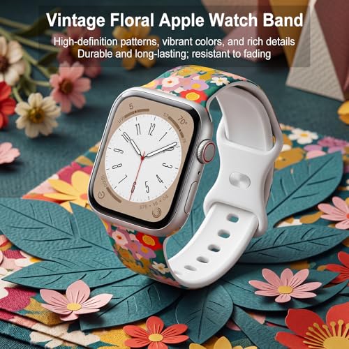 Image of Floral Band Compatible with Apple Watch Bands for Women 40mm 42mm 41mm 38mm 44mm 45mm 46mm 49mm, Cute Pattern Flower Soft Silicone Sport Strap for iWatch Series Ultra 11 10 SE 9 8 7 6 5 4 3 2