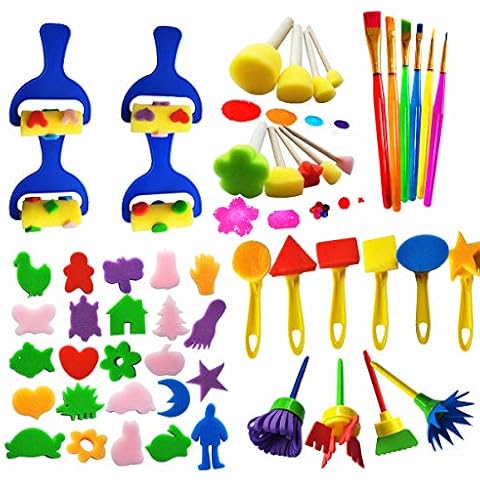 Himeeu 53 Pcs Paint Sponge Brush Sets, Kids Art Tool Kits, DIY Crafts Drawing Tools,Round Sponges,Color Randomly Cover