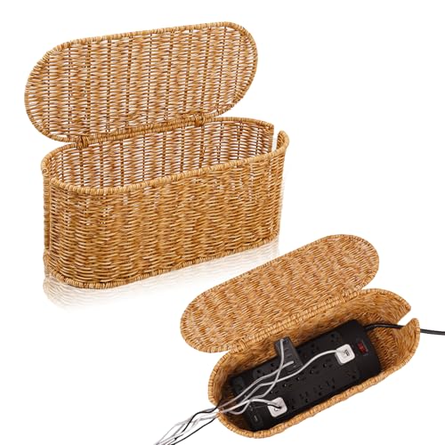 Cable Management Box, Handmade Rattan Cable Organizer, 2 Open Slots Cords Hider Box, Under Desk Cord Organizer for Computer Router USB Hub & Power Strip, Patent Pending, 15.9' x 6.5' x 6.5', Natural