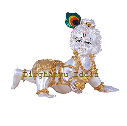JALASHRI Earthenware Dir-gh-Aayu Terracotta LADDU GOPAL Gold and Silver Coated Idol (8x11cm, Multicolour)