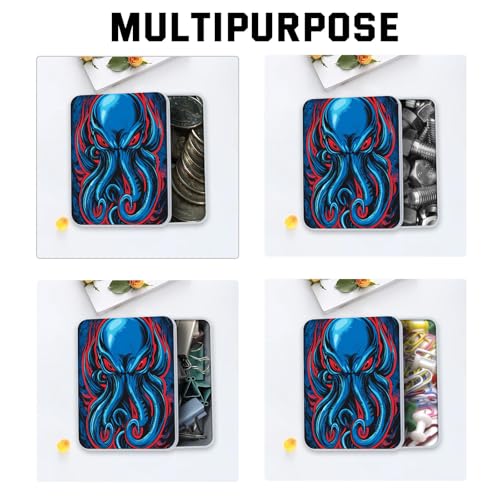 Image of Metal Tin Box with Lid,Multi-functional Storage Large Box Can Store Tea Biscuits Game Cards, Playing & Tarot Cards-Comes with 4 Magnetic Cord Clips,Blue Cthulhu Skull