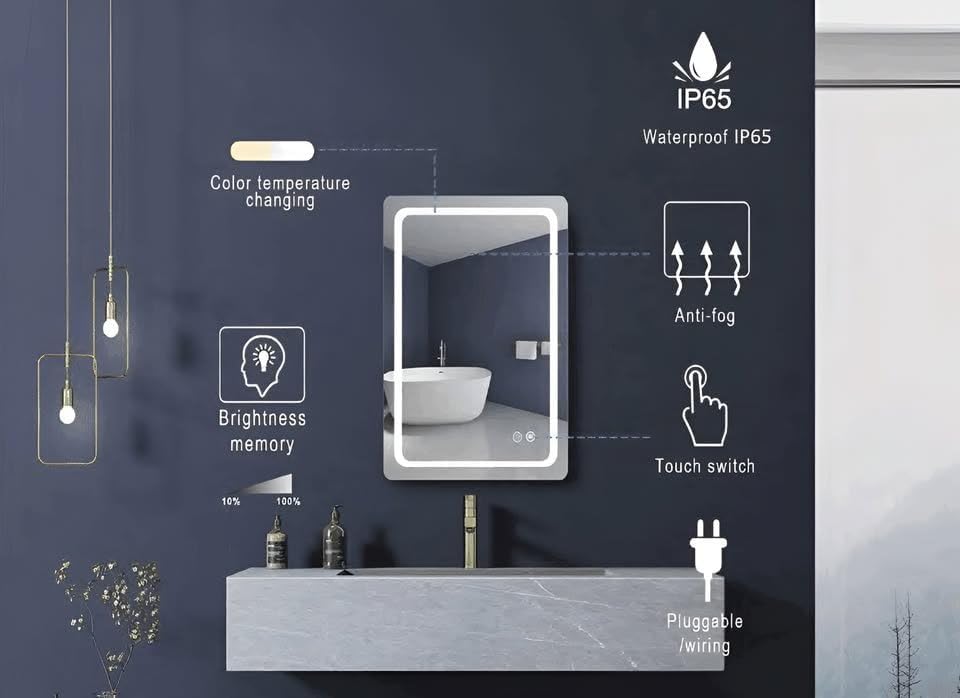 Auvabath 50 x 70 cm Rectangular LED Bathroom Mirror – IP65 Waterproof, Copper-Free Glass, Aluminum Frame, Wall-Mounted Vanity Mirror, Made in Canada