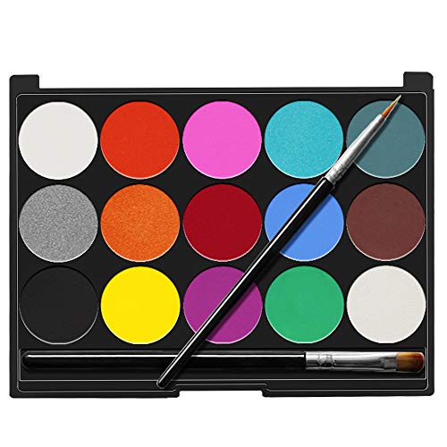 Senbos Face Paint Kit - 15 Vibrant Colors Non-Toxic Washable Makeup for Kids & Adults | Water-Based Halloween, Party, Cosplay | Includes 2 Brushes & Palette