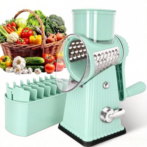 Image of Rotary Cheese Grater with 5 Well-designed Blades & Strong Suction Base, Kitchen Mandoline Vegetable Slicer with Blade Storage Box (Aqua)
