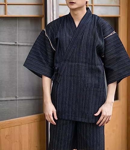 Men's Kimono Japanese Jinbei Shirt and Pant Cotton Linen Loungewear Lounge Set Spa Bathrobe, Style 5 Multicolor3