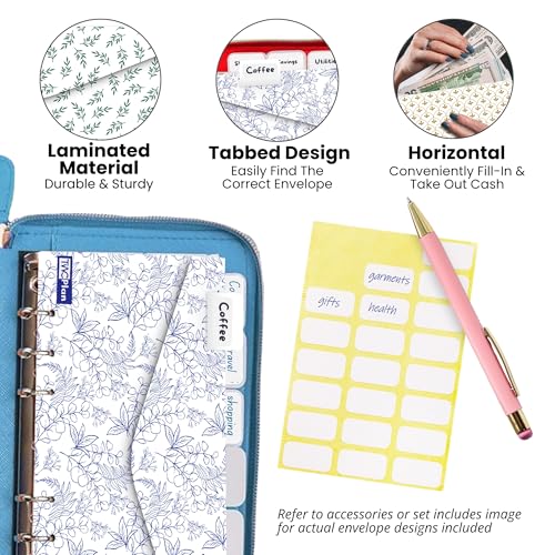 Image of Three Way Cut Cash Envelope Wallet Azure All in One Budget System RFID Blocking with 12x Tabbed Envelopes 12x Monthly Budget Cards 1x Yearly Budget Planner Sheet Complete Money Organizer Set