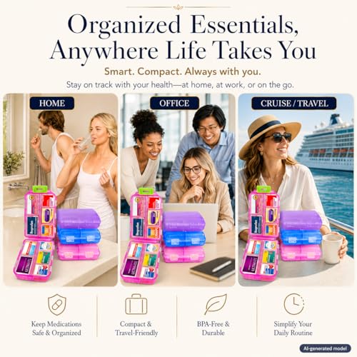 Image of 3 Pack Large Pill Organizers with Medicine Labels, Pink Blue Purple | Set of 3 large pill cases with 3x161 medicine labels for 7-day planning, family use, travel, and separate routines