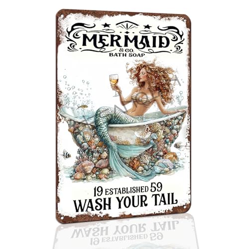 Hesanqian Mermaid Wash Your Tail Metal Sign 8x12 Inches,Bathroom wall decor
