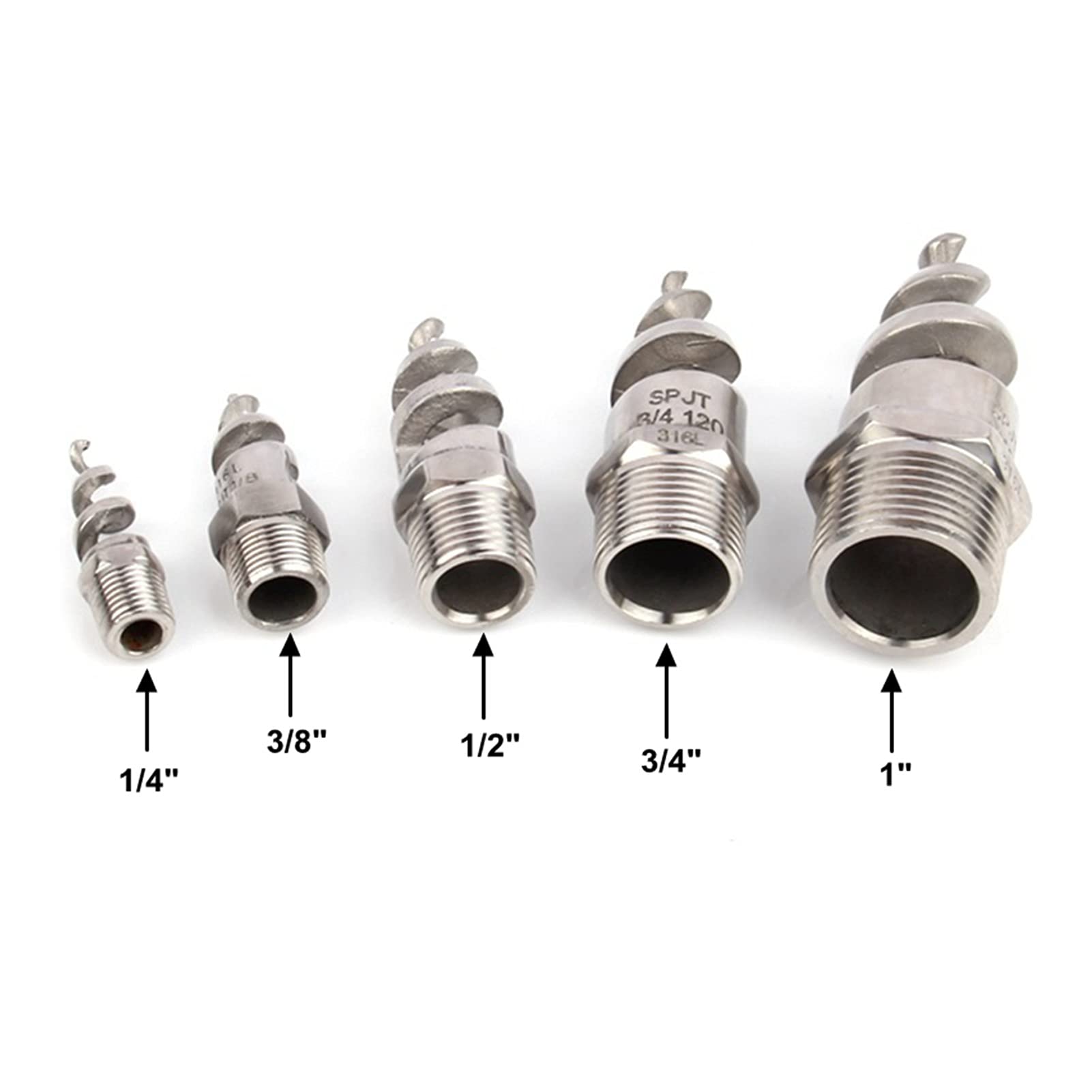 Raccordi per tubi irrigazione con irrigazione con 1 Ugello a spirale in acciaio inox 1/4, 3/8, 1/2, 3/4, 1 pollice Ugello di atomizzazione del filo esterno, ugello del metallo del tubo del giardino