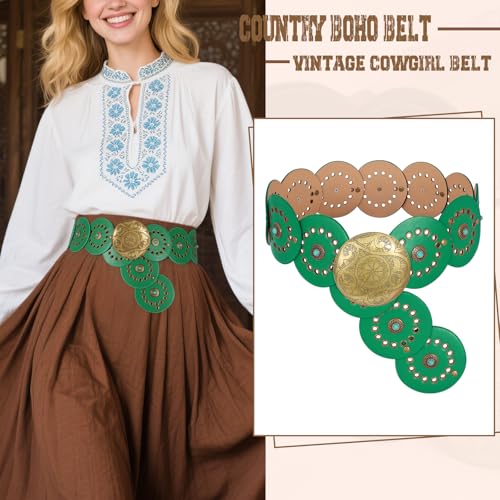 Image of XZQTIVE Western PU Leather Belts for Woman Concho Cowgirl Cowboy Disc Belt for Ladies Wide Boho Country Waist Belts for Dress