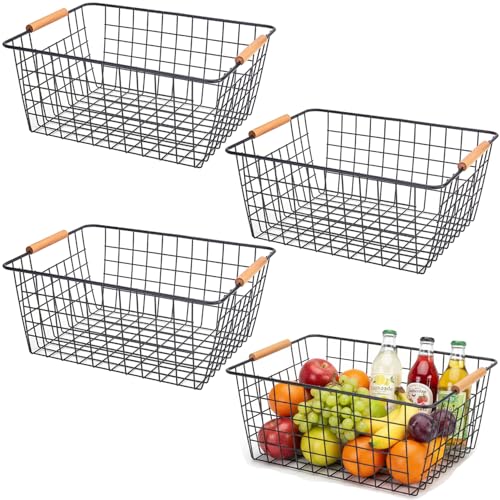 4 Pack Black Large Wire Baskets for Organization Metal Wire Food Storage Basket Organizer with Wooden Handles for Organizing Kitchen Cabinets